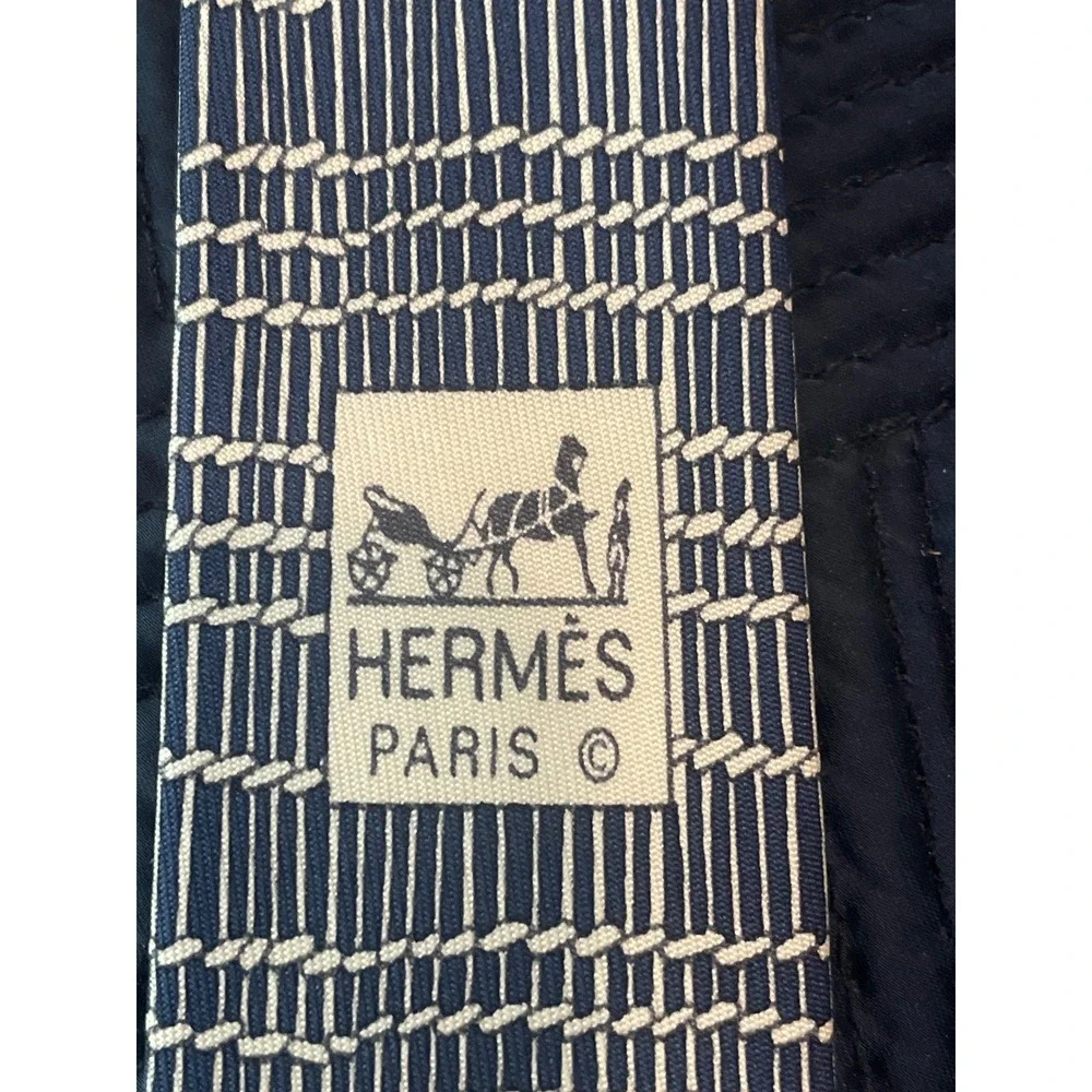 Hermes Mens Recent Tie 7802 UA Navy‎ Blue Bamboo Pattern Silk France Career